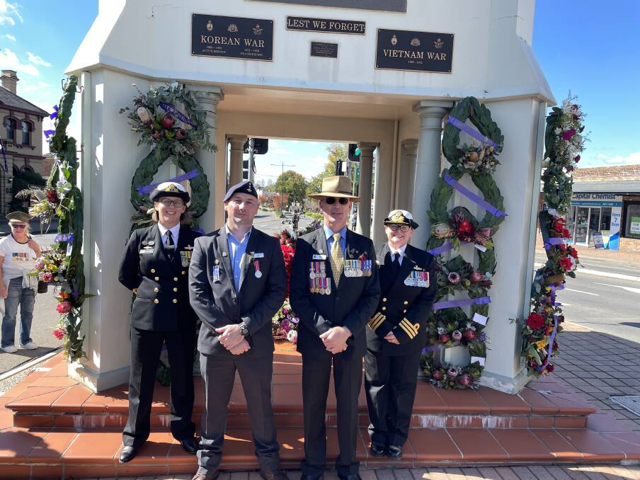 Lauren Giroud, Mittagong RSL sub-Branch secretary Dan Crocker and President Baden Taylor, and Commander Emma Griffiths from the CO RANTEWSS at the main Mittagong Anzac Day service. Picture by Briannah Devlin