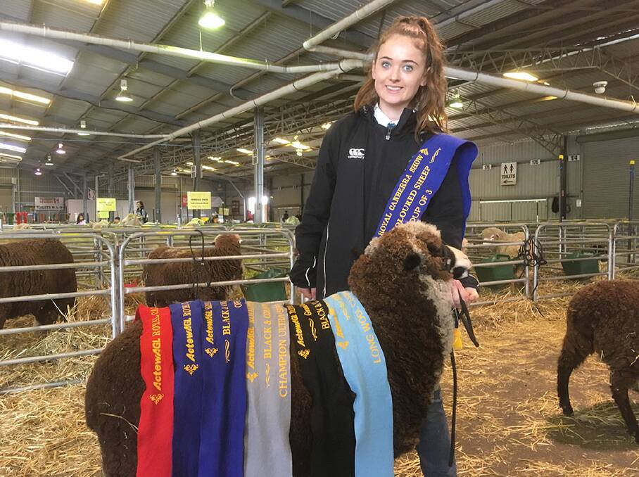 Hannah Maggs with a ribbon clad ewe.
