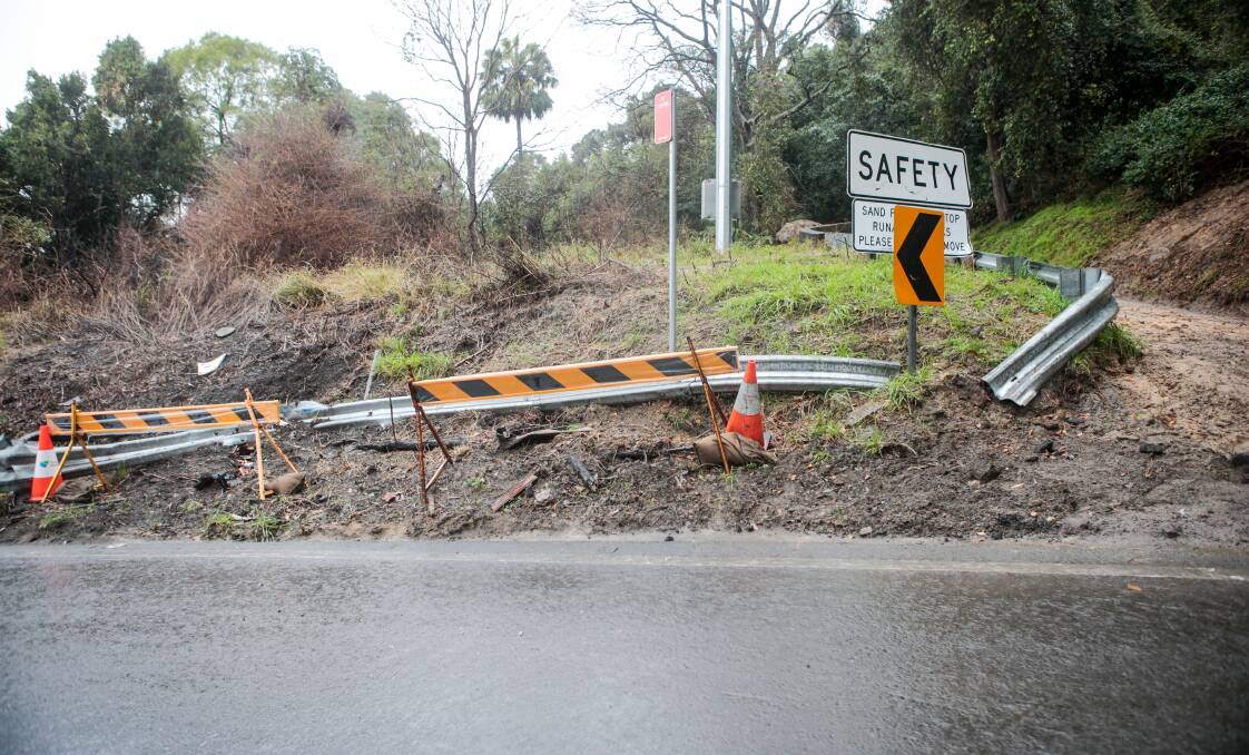 On guard: The damaged section of guardrail at the hairpin at Bulli Pass. Picture: Adam McLean