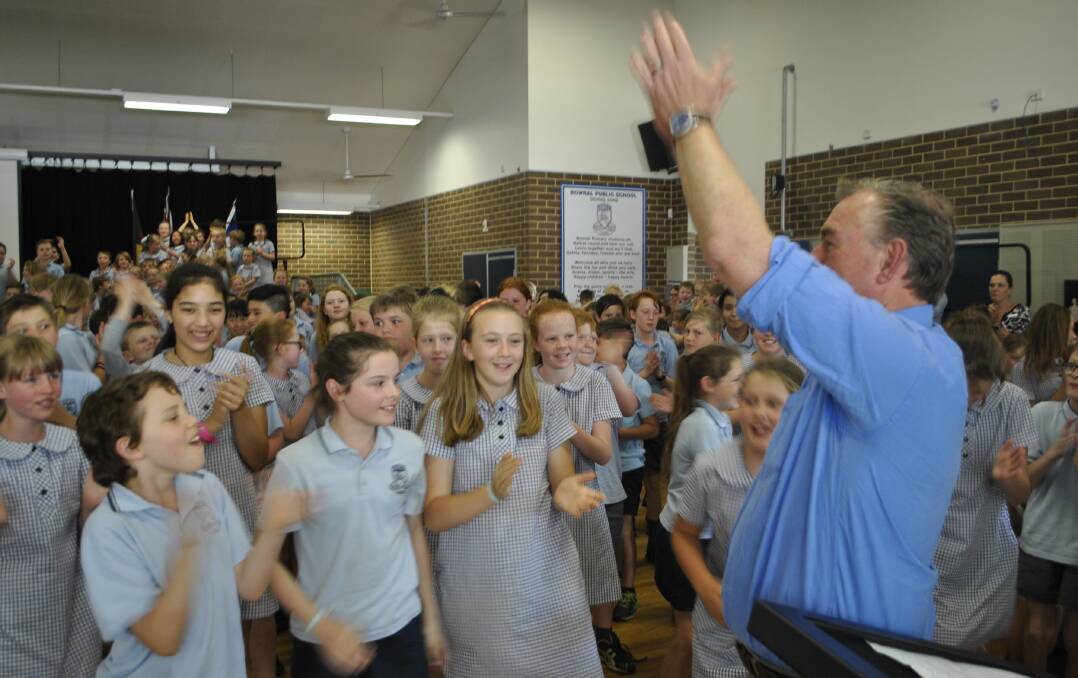 Bowral Public School students sang two songs to for Mr Thompson at his farewell assembly, including 'Goodbye Captain'. Photo: Charli Shield. 