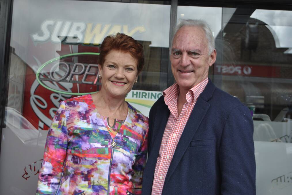 One Nation Party leader, Pauline Hanson with One Nation candidate, Charlie Fenton posing on Bong Bong Street.