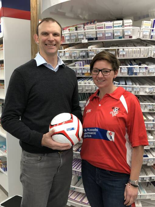 Prescribed PARTNERSHIP: Nick Knowles and Moss Vale Soccer Club president Ms Krystal Meindl making it official at Nick Knowles Pharmacy in Moss Vale. Photo supplied. 