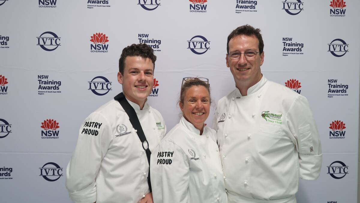 2020 NSW Apprentice of the Year: Joshua Nickl with his parents Vicky and Tracy Nickl of Gumnut Patisserie. Photo: Vera Demertzis
