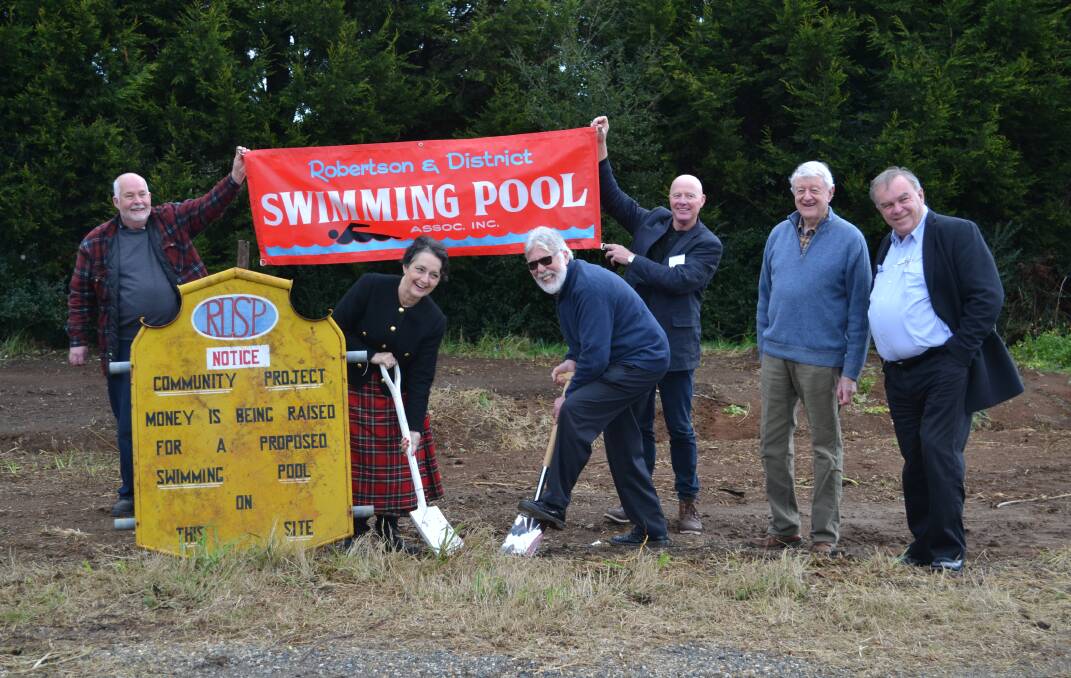 Bob Turner (Robertson Bowling Club), Member for Goulburn Pru Goward, mayor Larry Whipper, councillor Garry Turland. President Robertson and District Swimming Pool Association Don Ferguson and councillor Ian Scandrett look forward to the start of construction. Photo supplied