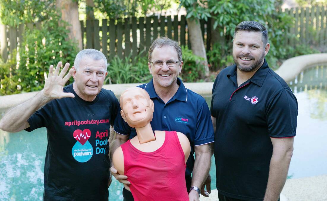 Laurie Lawrence, Russell Crawford (Australian Red Cross) and John O'Brien (Poolwerx) encourage pool owners to take advantage of the free CPR course on April Pools Day. photo: supplied