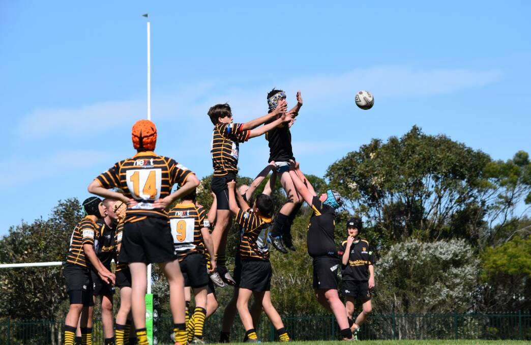 SEASON OVER: Kurt Crawford goes up for a lineout in the under-13 Bowral Blacks last game of the season on the weekend. Photo supplied