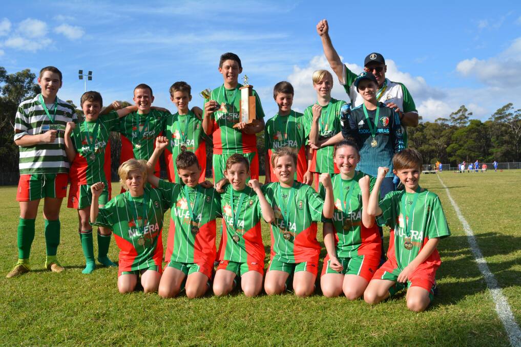 CUP WINNERS: The under-13 Hill Top Kookaburras celebrating their Antony Liberale Cup win at Boronia Park on May 13. Photo: supplied. 