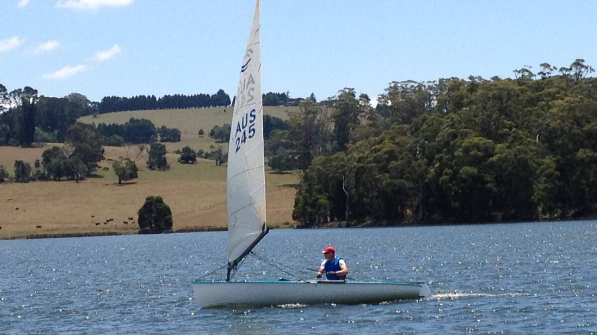 ROUND TEN: Owen Muyt sailing his Finn Olympic Dinghy in race one. Photo: supplied. 