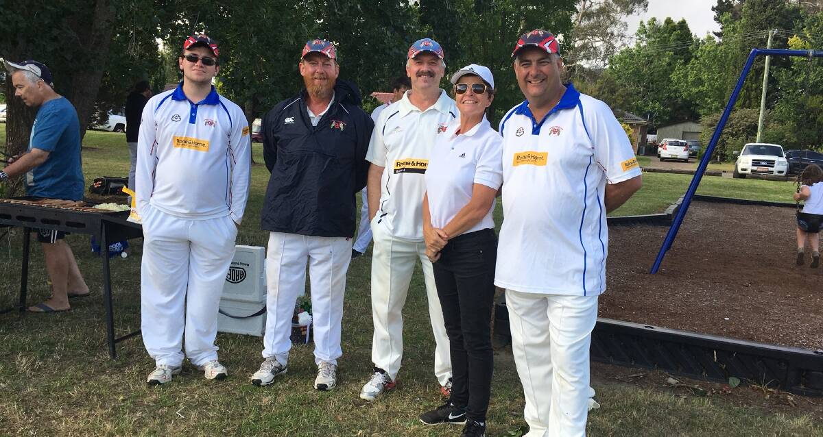 FEMALE UMPIRING: Umpire Jodi Cooper with Connor Gilmore, Phil Sherley, Greg Cruger, and Jason Cooper. Photo: supplied. 
