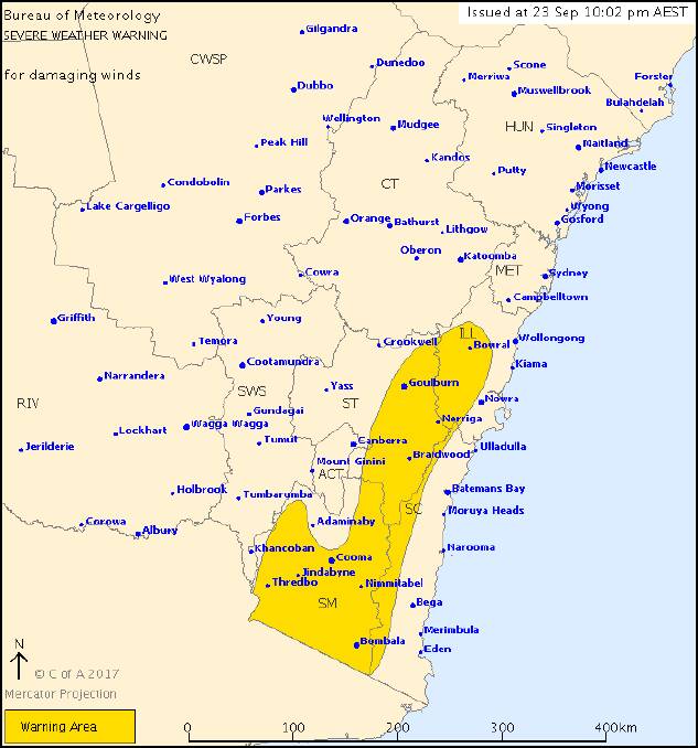 Severe weather warning for the Southern Tablelands