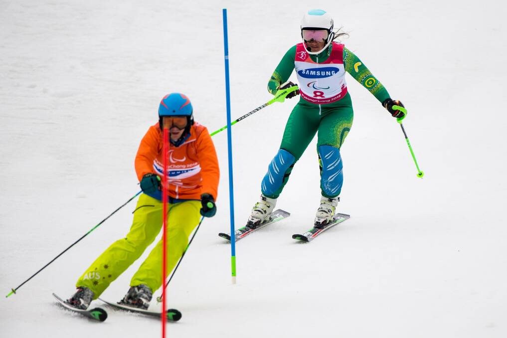 Melissa Perrine with her sighted guide Christian Geiger at the Paralympic Games in PyeongChang. Photo: The Australian Paralympic Committee.