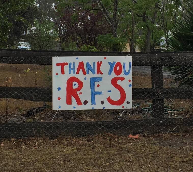 A sign of appreciation for the Rural Fire Service in Picton near the Wollondilly Fire Control Centre. Photo: Emily Bennett