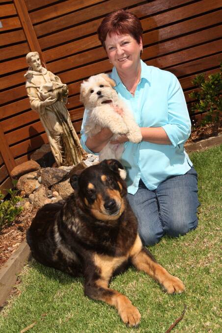 RSPCA member Anne Dewson with her dogs Bear and Gus and a statue of St Francis of Assisi. Photo: FDC