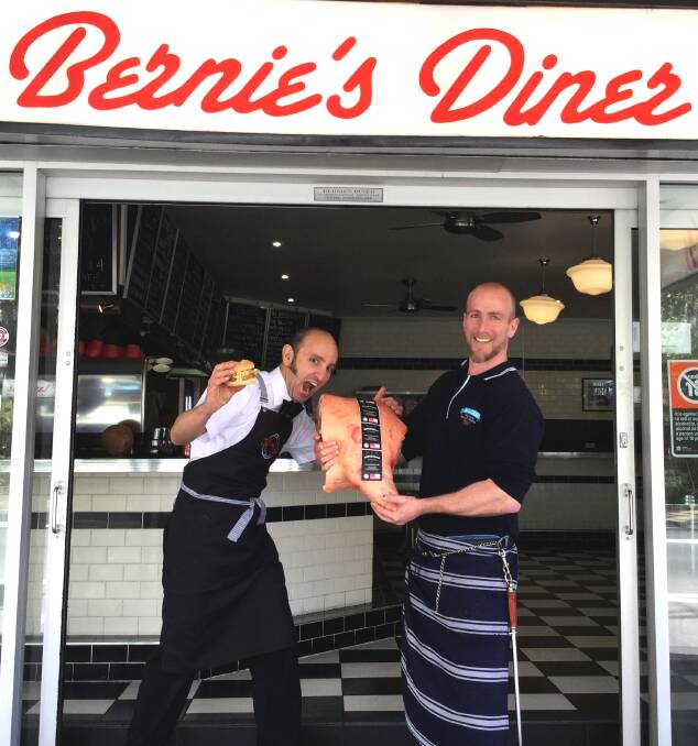 Bernie's Diner owner Ioannis Bernardo and Maugers Meats' Mat Mauger are offering free samples on October 29. Photo: supplied