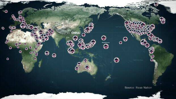 This map from the film 'The Coming War on China' shows US military bases around the world. Photo: supplied