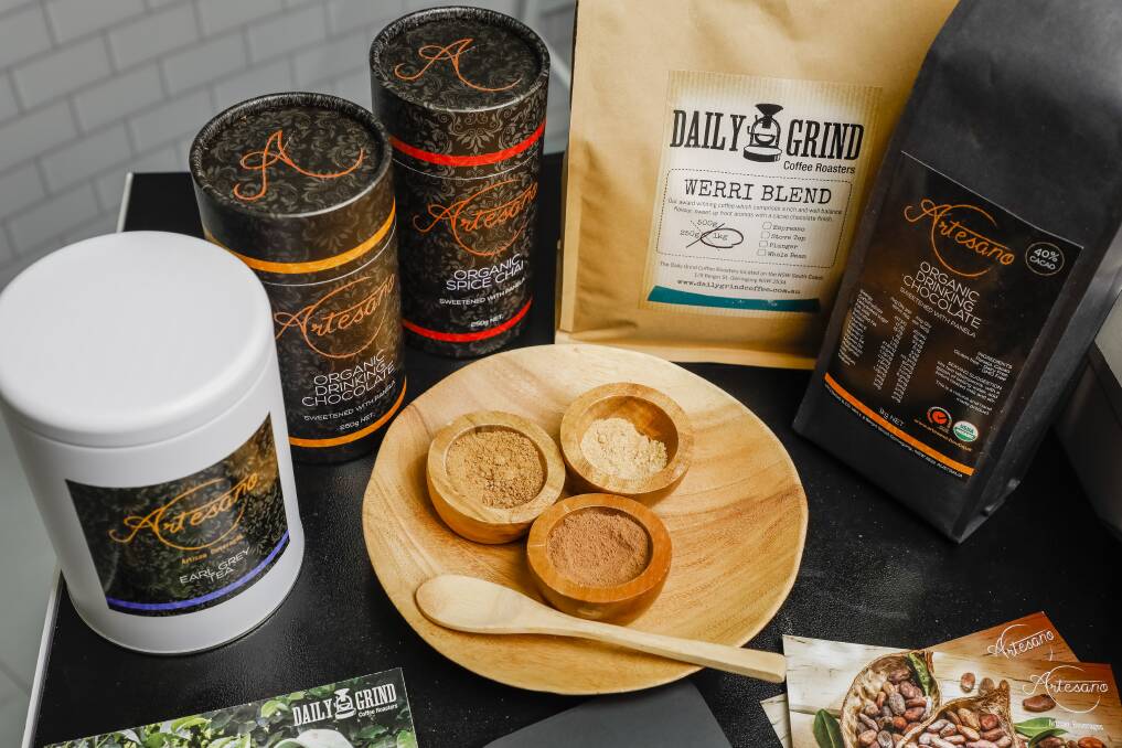 The Daily Grind Coffee Company of Gerringong - fresh roasted coffee,
organic drinking chocolate and chai beverages. Fine Food Australia trade fair, September 2017. Picture: Salty Dingo