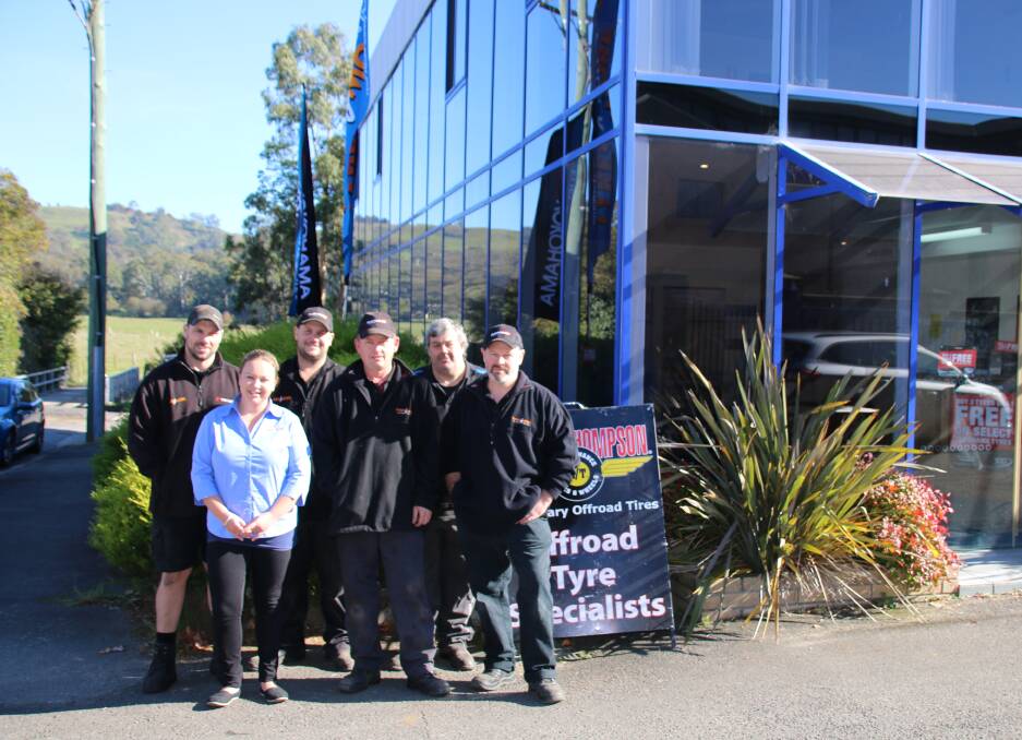 We're still open: The Reekies Tyres and More team at the temporary location on Willow Road in Bowral, with Allan Reekie at far right. Photo: Victoria Lee