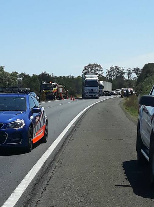 All southbound traffic was stopped when a truck unexpectedly caught fire at around 10am on November 20. Photo: Bargo RFS Facebook page.
