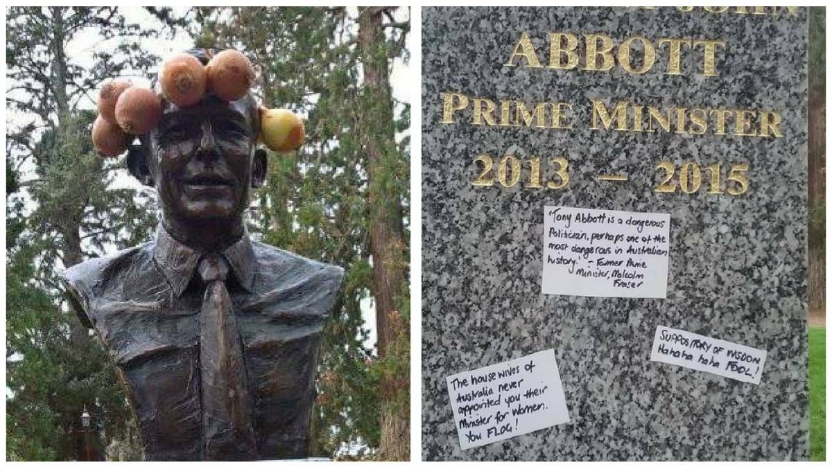 A civic leader has hit out at pranksters who adorned Tony Abbott's bust with an onion crown and notes.