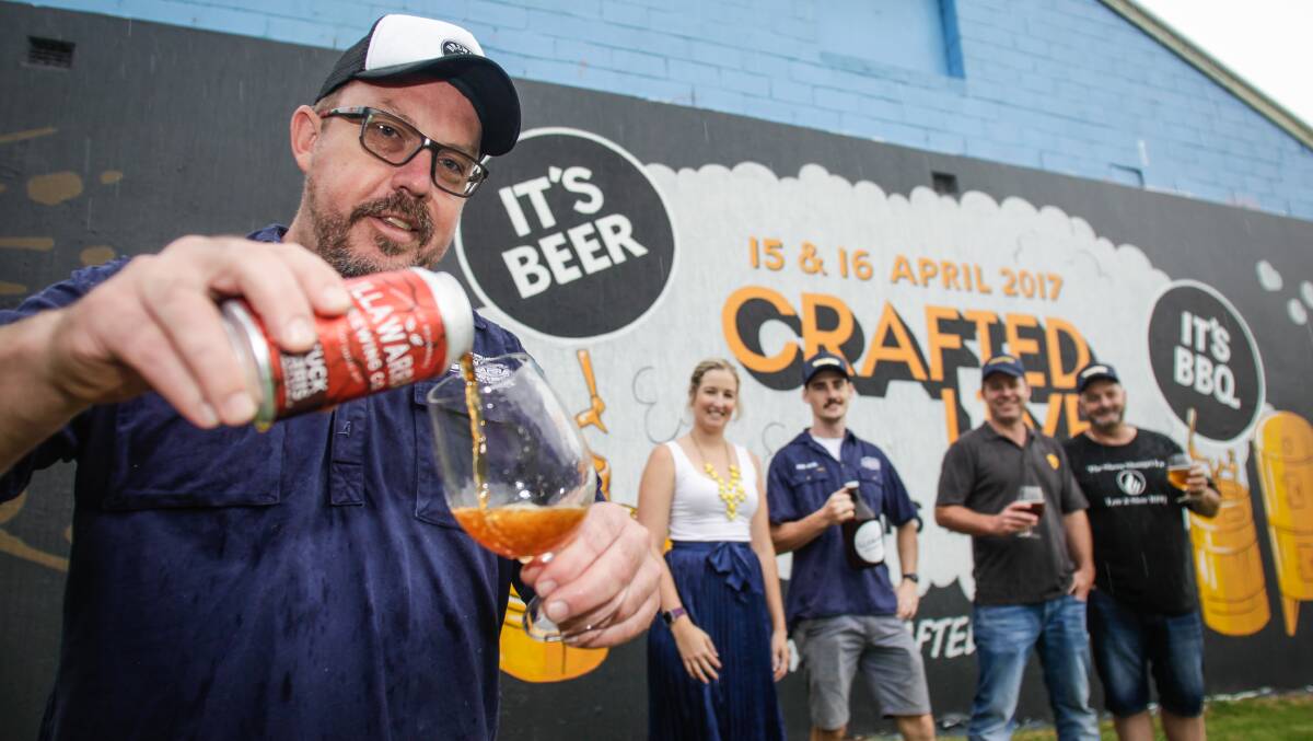 EXCITEMENT BREWING: Dave McGrath (Head Brewer/owner at The Illawarra Brewing Company), Lydia Allen (Destination Wollongong), Tim Howard (Beer maker at Illawarra Brewing Company), Craig Sheen (Competition BBW Team Leader) and Simon Rollin (Founder and Director of Crafted LIVE). Picture: Georgia Matts