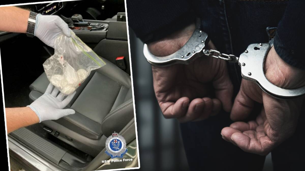 Drugs found by police in raids related to an alleged supply ring, and hands in handcuffs. Inset photo by NSW Police Force