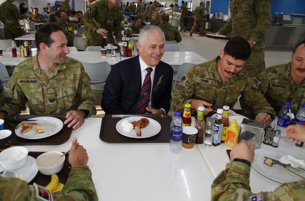A DISTRACTION?: PM Malcolm Turnbull at Australia's main base in the Middle East after visiting troops in Iraq and Afghanistan on April 25. Photo: Andrew Meares.