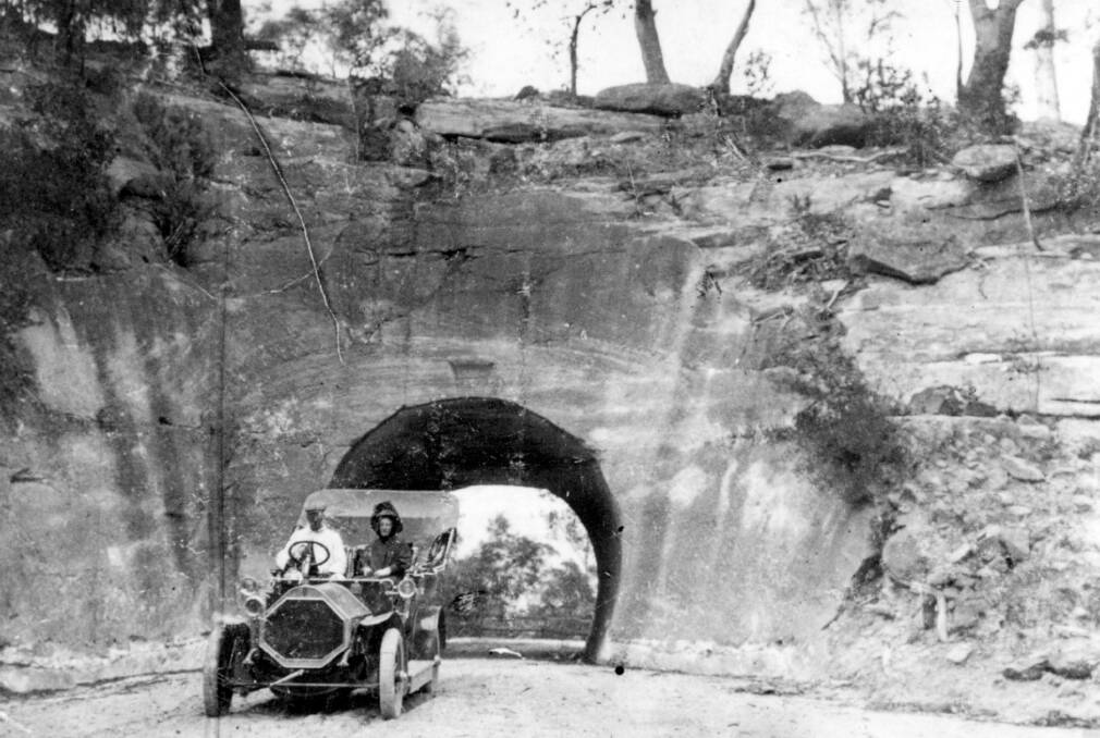 MEETING THE CHALLENGE: By motor car at Bullio Tunnel on the Wombeyan Caves Road, c1920.