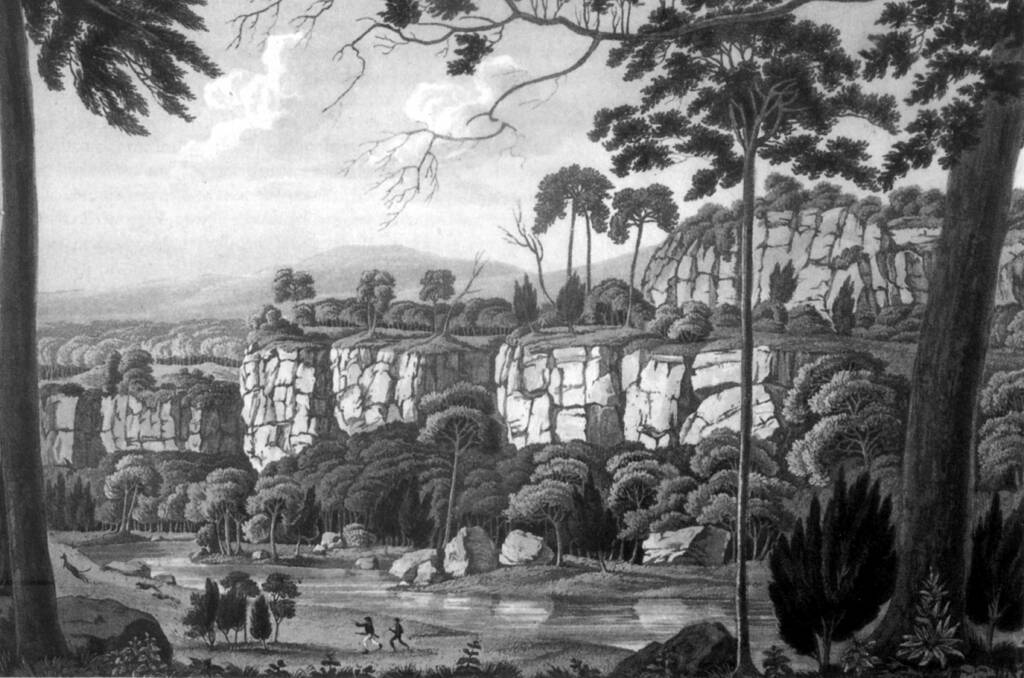 PICTURESQUE: A detail from the earliest known image of the Southern Highlands, ‘View on the Wingeecarabee’ by convict artist Joseph Lycett, published in London in 1824.