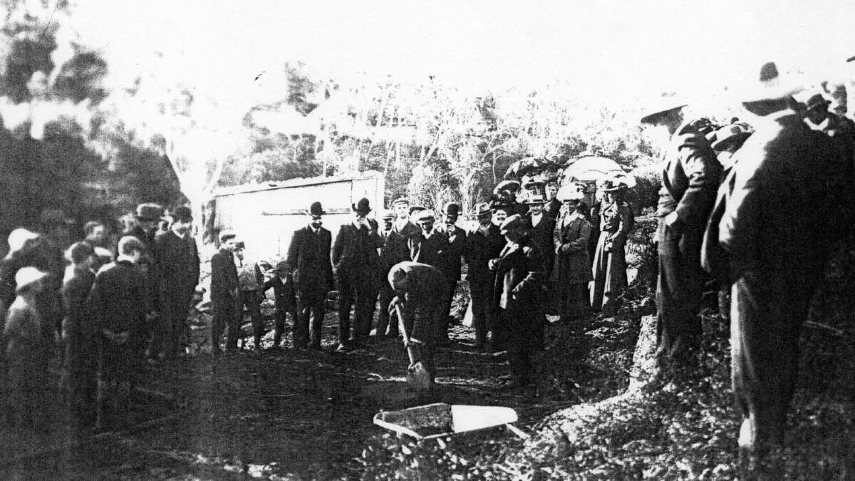 FIRST SOD: Mittagong mayor and councillors including Walter Tyrrell, with dignitaries and citizens at water works launch, 1908.