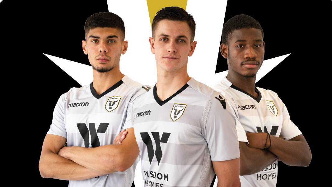 New faces: Walter Scott (centre) was one of three youngsters signed by Macarthur FC recently, alongside Charles M'Mombwa and Yianni Nicolaou. Photo: Macarthur FC.