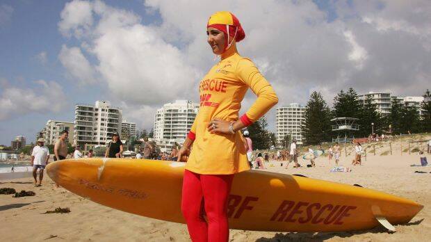 The burkini is seen as a symbol of integration, says its designer. Here lifesaver Mecca Laa Laa wears a burkini on her first patrol at North Cronulla Beach in 2007.  Photo: Getty Images
