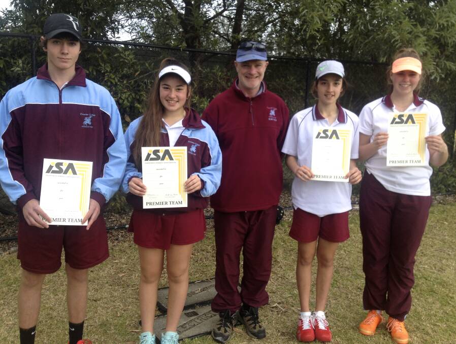 Chevalier's Firsts tennis team of Hanan and Najat Chidiac, Gabrielle Murphy and Finn Corbett with coach Andrew Langdon. Photo supplied
