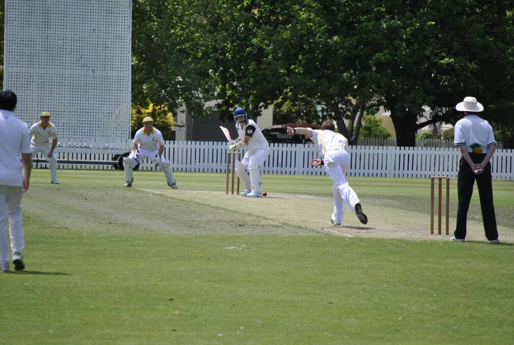 Hill Top's Steve McNaught sends one down to Robertson-Burrawang opener Ben Wright. 					         Photo by Josh Bartlett