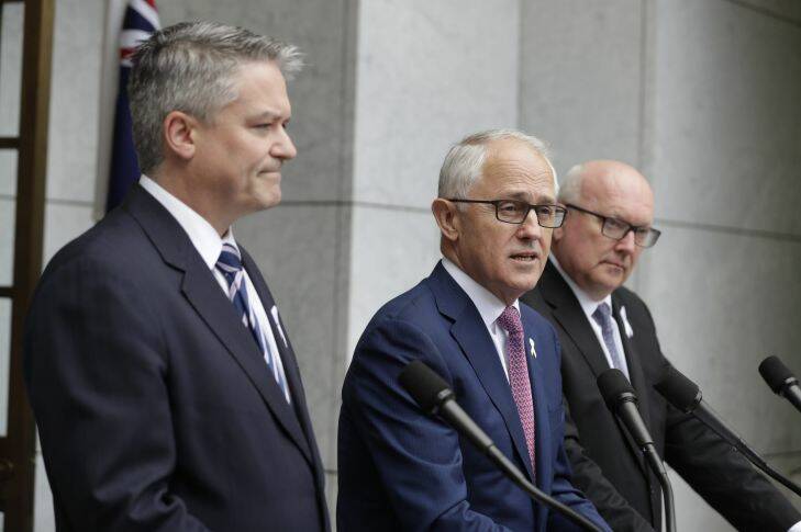 Prime Minister Malcolm Turnbull addresses the media during a joint press conference with Finance Minister Mathias Cormann and Attorney-General George Brandis, at Parliament House in Canberra on Tuesday 5 December 2017. fedpol Photo: Alex Ellinghausen