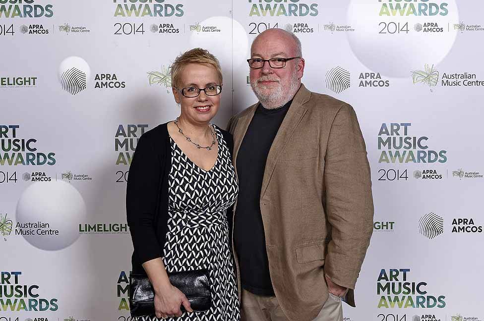 Andrew Ford celebrates his award win with wife Anni Heino at the Art Music Awards. Photo: Martin Philbey
