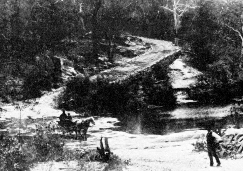 RIVER FORD: Travellers on the Great Southern Road cross the Bargo River in 1880s. Mitchell Library photo.