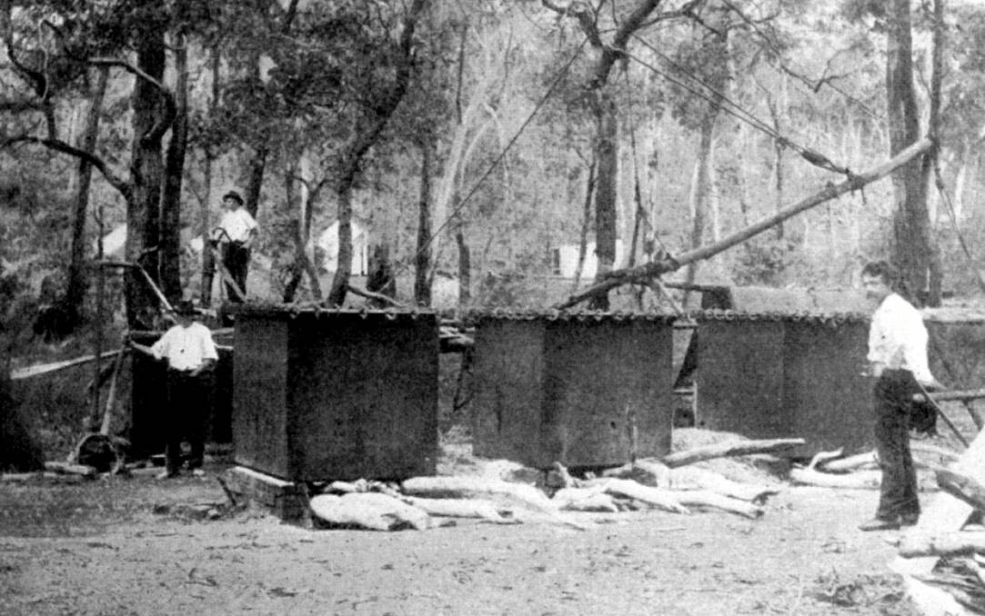 STILLS IN ACTION: A direct firing, 3-tank eucalyptus oil distillery plant at Wingello, c1910. Photo: BDH&FHS