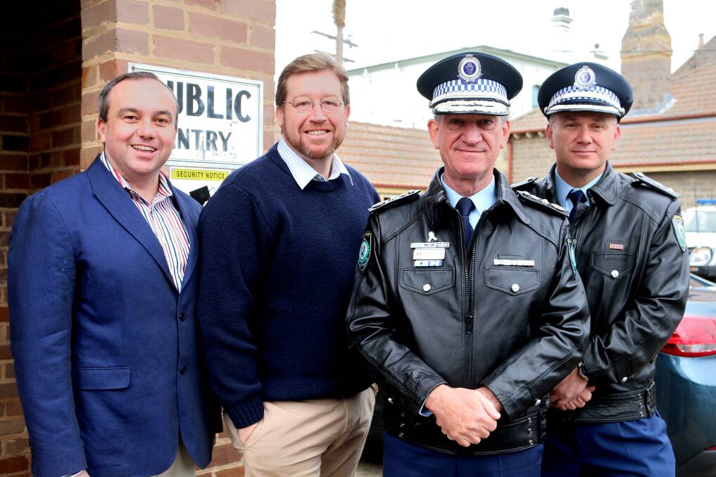 Police Commissioner Andrew Scipione visited Bowral Police Station with Deputy Premier and Minister for Police Troy Grant. Picutred above with local MP Jai Rowell and Hume LAC Commander Superintendant Zoran Dzevlan. 	Photo by Victoria Lee