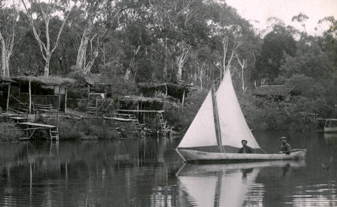 PEACEFUL: Internees boating on river at Berrima; huts can be seen along riverbank.  
Photos: BDH&FHS