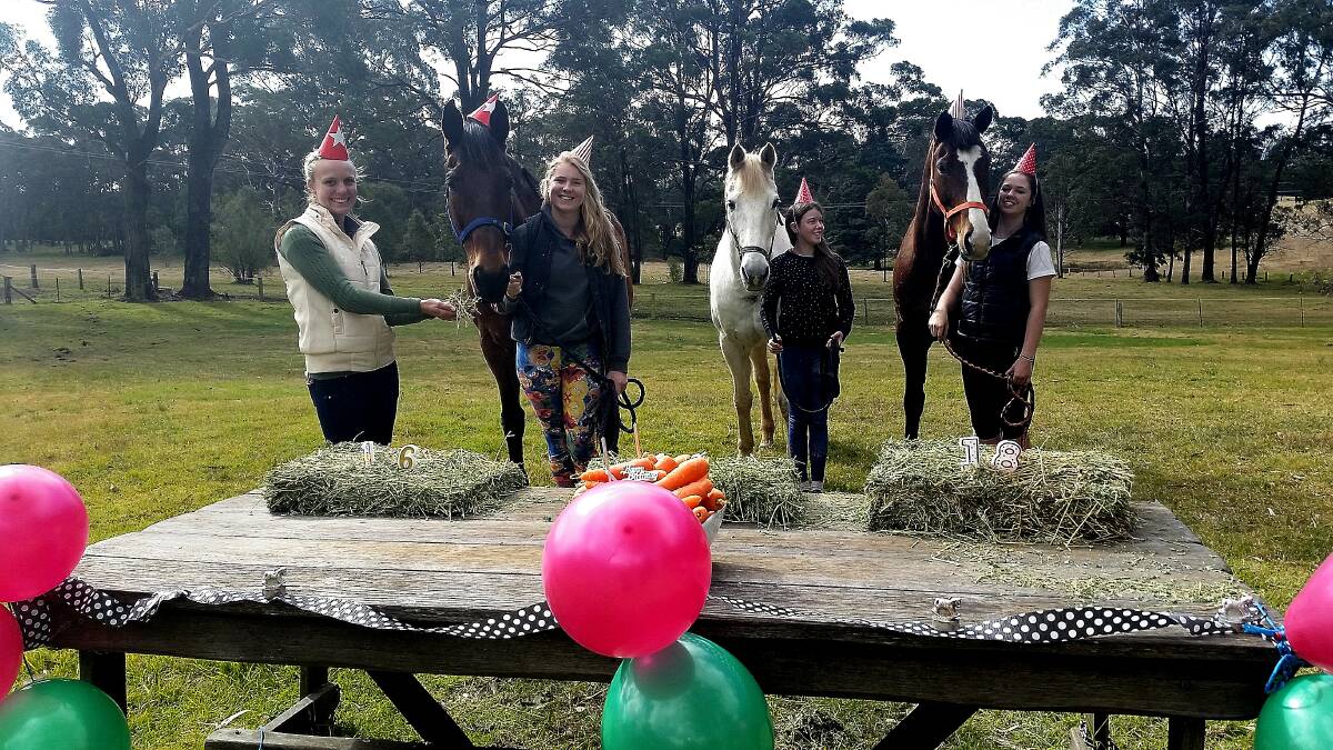 Southern Highlands Vaulting Team's Jess Petherbridge, Lani Maher with her horse Cognac, Elyssa O'Hanlon with Morgan and Charlotte Ratcliffe Roach with Tigger prepare for International Horse Birthday tomorrow. 	Photo by Josh Bartlett
