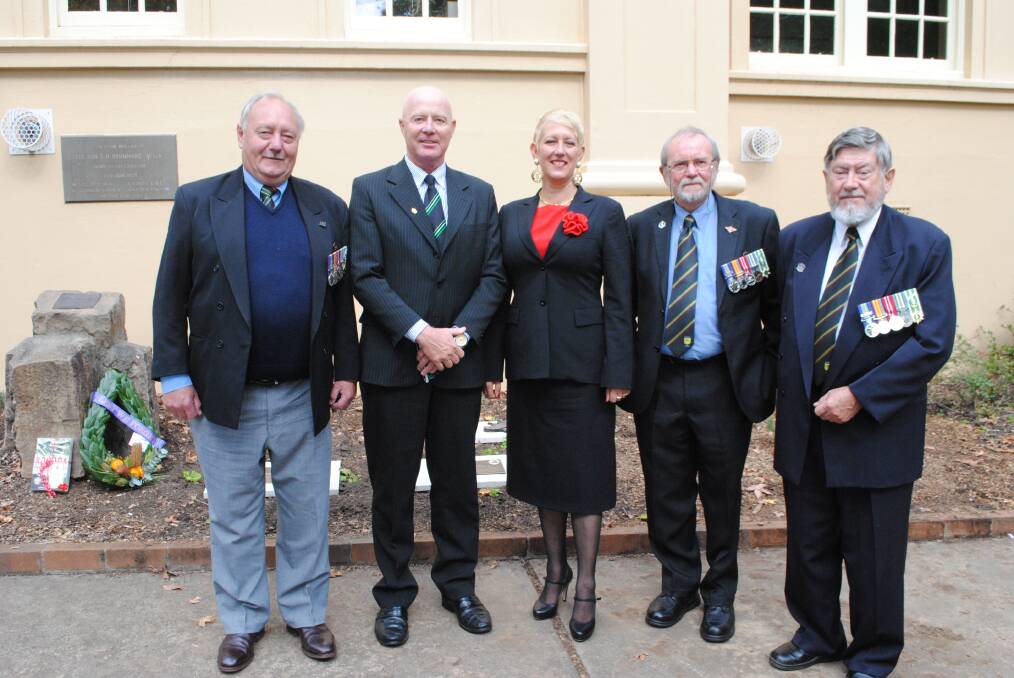 Terry Lemke of the Mittagong RSL Sub Branch with Councillor Garry Turland, OJ Rushton of the RSL Youth Choir and Kangaroo March Re-enactment and Phil Moscatt and Norm Austin, also of the Sub Branch. Photo by Victoria Lee