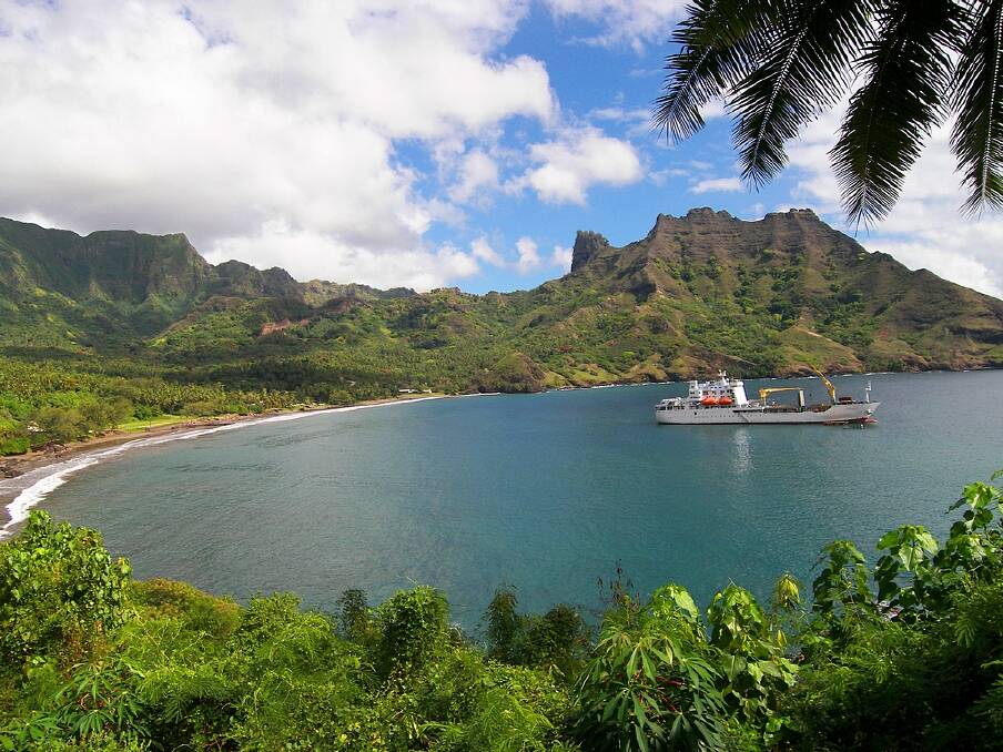 THE cargo-passenger ship Aranui 3 in a spectacular Marquesan setting.  Photo: Aranui Cruises