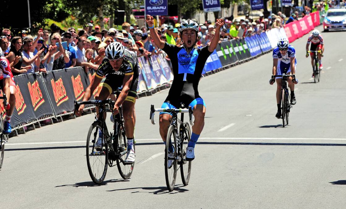 Moss Vale cyclist Caleb Ewan celebrates winning the under-23 men's road race at Buninyong in January. 					  Photo: FDC
