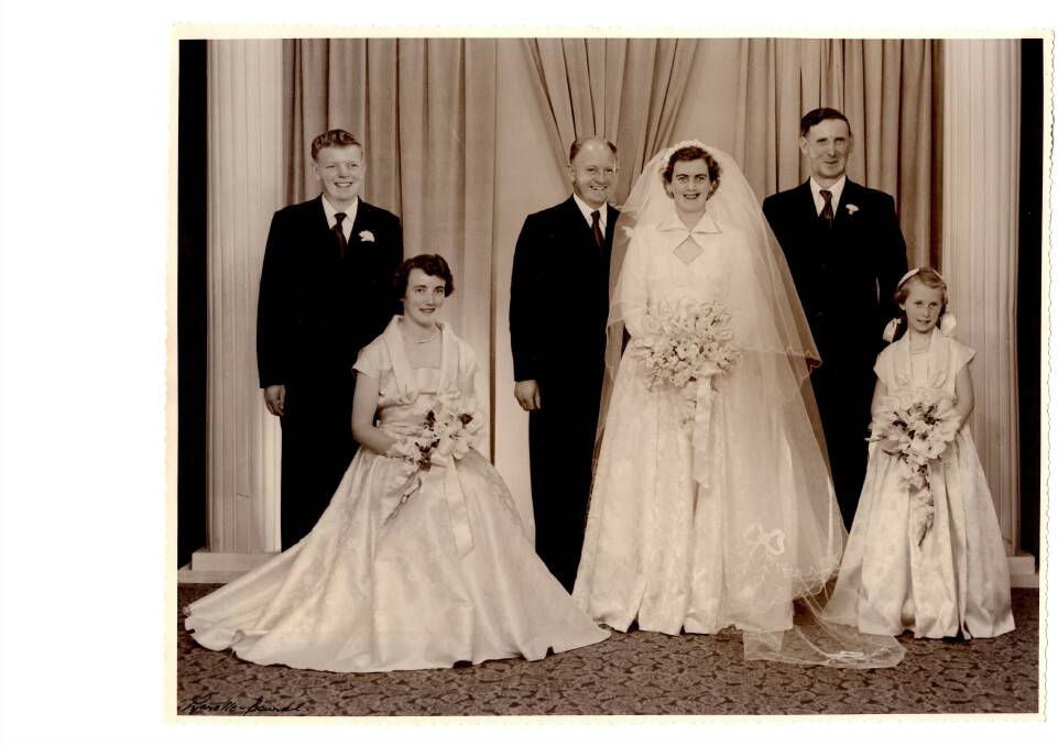 Sepia photo: Hurtle and Margaret's pictured with best man Les Ford, bridesmaid Jean Bartholomew (now Woodman), Margaret's father and flower girl Hazel Bartholomew (now Hare). Photo supplied