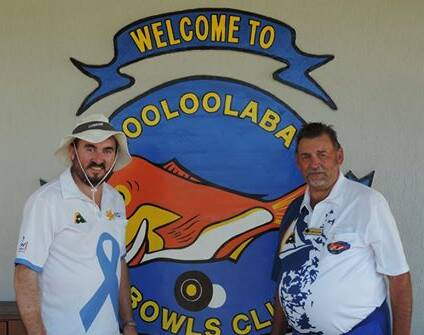 Chris Thomas with Barry Sullivan at the Mooloolaba Bowling Club. Thomas is attempting to break a record for playing at the most bowling clubs. Photo supplied