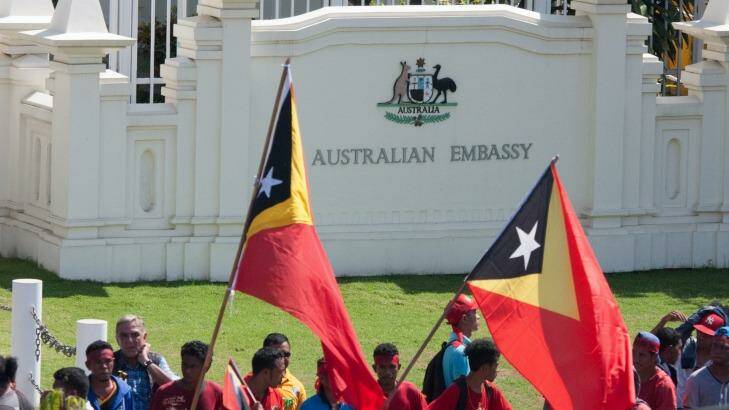 Protesters at the Australian embassy in Dili, the capital of East Timor, last year, calling for a final maritime boundary in the Timor Sea. Photo: Wayne Lovell