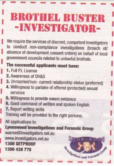 Brothel Busters, known formally as Lyonswood Investigations and Forensic Group, advertised a vacancy in MyCareer.