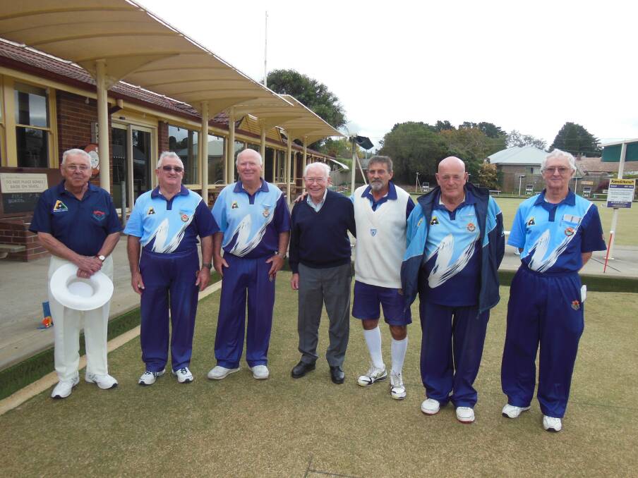 Major pairs championship final umpire Gordon Turnbull, winners Ken Handley and Dennis Beatty, club patron Lew Wilson, runners-up Ashley Lewis and George Bott and bowls secretary Robin Staples.					 							  Photo supplied