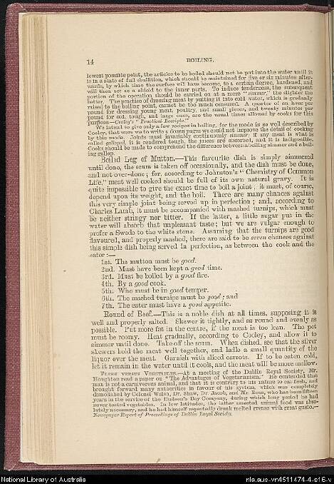 RECIPE for boiled mutton and turnips - note Edward Abbott's colourful observations about the meal, and the required mood and disposition of cook and diner. (National Library of Australia)