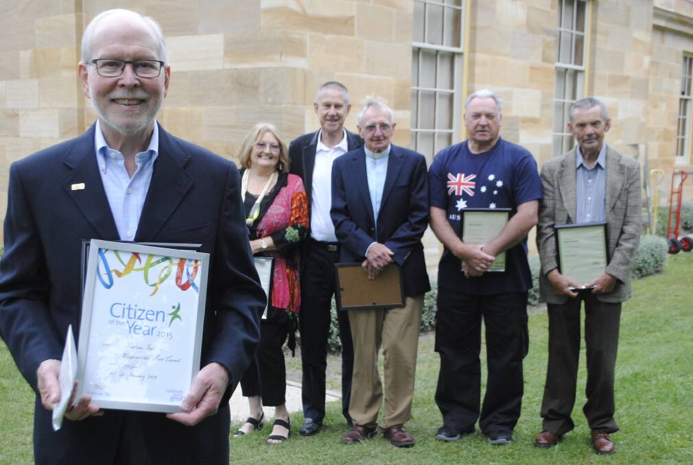 Citizen of the Year Harlan Hall with fellow nominees Elizabeth Moore, Max Powditch, John Livingstone, Robert McLaren and John Parry. 	Photo by Emma Biscoe